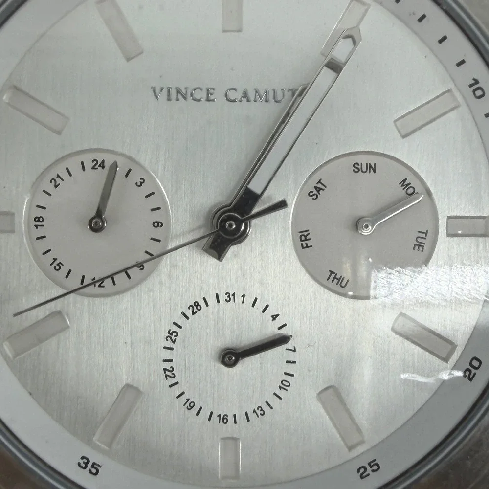 Vince Camuto Men Falco Stainless Steel Silver Dial Blk Genuine Leather Band NEW